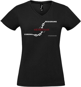 Damen V-Neck T-Shirt „Regierung-Gemeinsam-Corona" schwarz