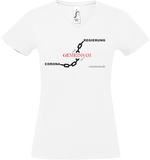 Damen V-Neck T-Shirt „Regierung-Gemeinsam-Corona" weiss