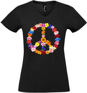 Damen V-Neck T-Shirt „Peace" Blume, schwarz