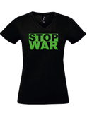 Damen V-Neck T-Shirt, schwarz, Design 1 „STOP WAR"
