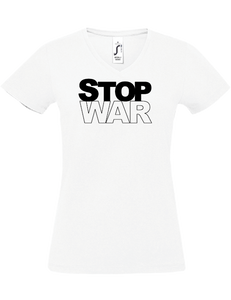 Damen V-Neck T-Shirt, weiss, Design 2 „STOP WAR"