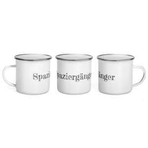 Weisse Emailletasse mit Aufdruck "Spaziergänger"