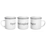 Weisse Emailletasse mit Aufdruck "Spaziergänger"