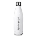 Eine weisse Thermosflasche von Boris Reitschuster mit der Aufschrift "Spaziergänger"