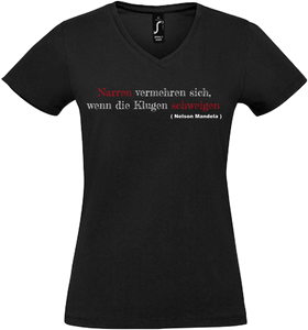 Damen V-Neck T-Shirt „Narren vermehren sich..." schwarz