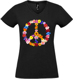 Damen V-Neck T-Shirt „Peace" Blume, schwarz
