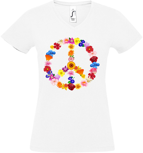 Damen V-Neck T-Shirt „Peace" Blume, weiss