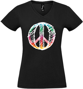 Damen V-Neck T-Shirt „Peace" Bunt im RS Design, schwarz