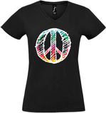 Damen V-Neck T-Shirt „Peace" Bunt im RS Design, schwarz