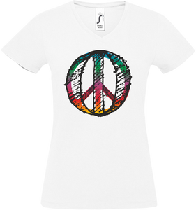 Damen V-Neck T-Shirt „Peace" Bunt im RS Design, weiss