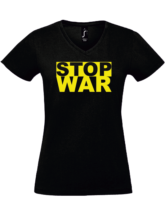 Damen V-Neck T-Shirt, schwarz, Design 1 „STOP WAR