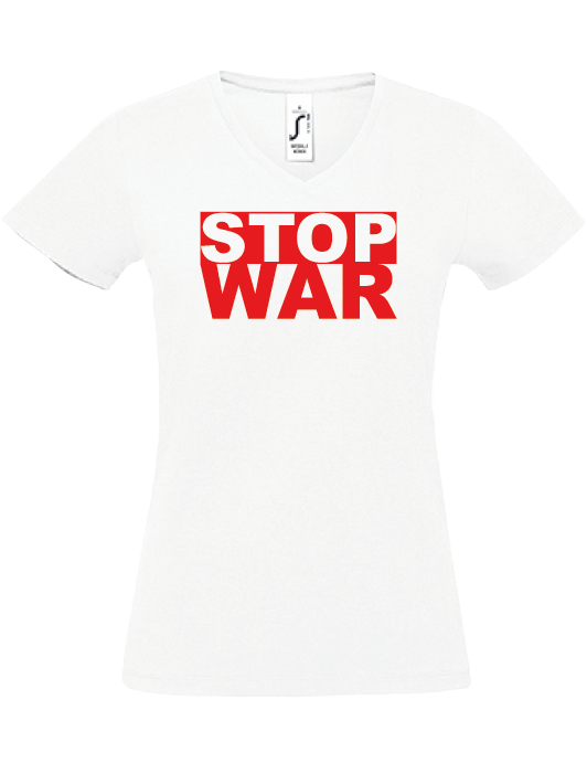 Damen V-Neck T-Shirt, weiss, Design 1 „STOP WAR