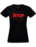 V-Neck T-Shirt, schwarz, Design 2 „STOP WAR"