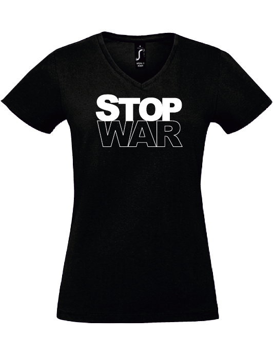 V-Neck T-Shirt, schwarz, Design 2 „STOP WAR