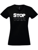 V-Neck T-Shirt, schwarz, Design 2 „STOP WAR"