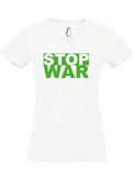 Damen V-Neck T-Shirt, weiss, Design 1 „STOP WAR"