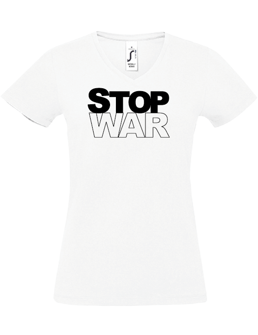 Damen V-Neck T-Shirt, weiss, Design 2 „STOP WAR