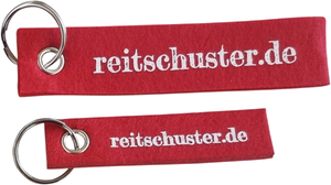 Paar Schlüsselanhänger aus rotem Filz mit  „reitschuster.de"