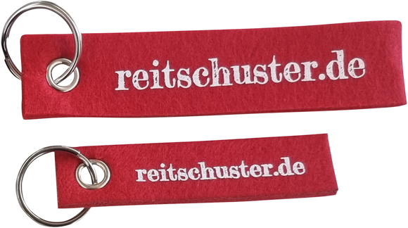 Paar Schlüsselanhänger aus rotem Filz mit  „reitschuster.de