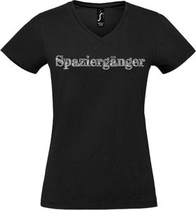 Damen V-Neck T-Shirt „SPAZIERGÄNGER" schwarz