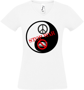 Damen V-Neck T-Shirt „STOP WAR" weiss